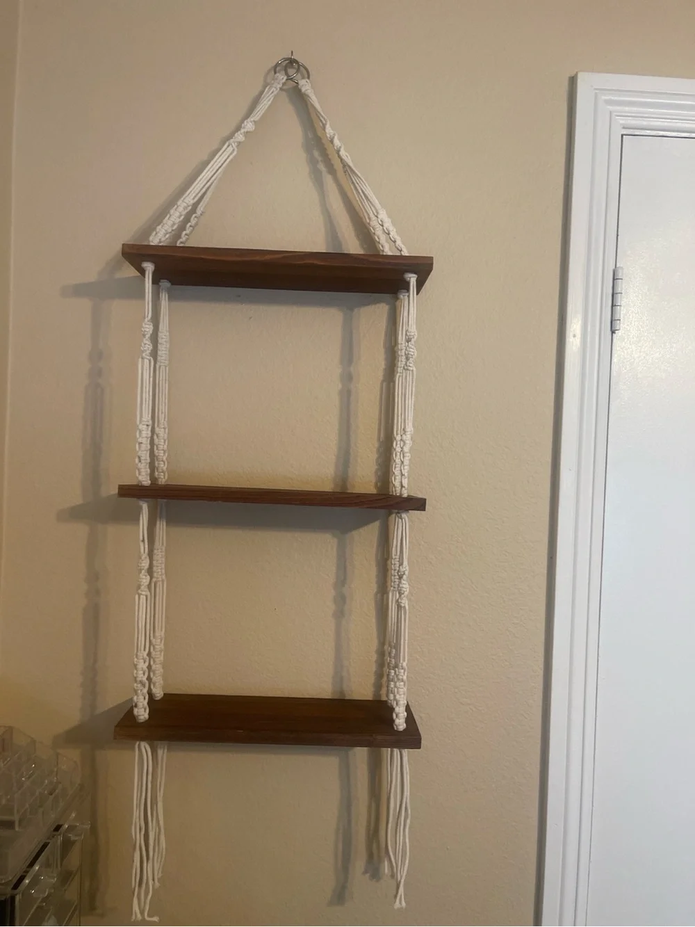 Boho White Macramé Hanging Wall Shelf with Dark Wood Panels